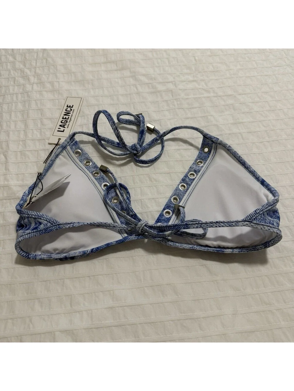 L'AGENCE Annabelle Denim Print Triangle Bikini Top Blue Swim M Medium NWT $185